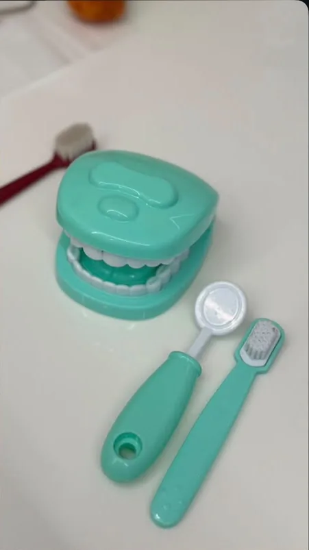 Brinquedo de dentista: uma arcada de plástico com escova e espelho, para ensinar a escovar.